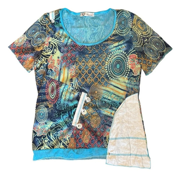 Quinze Heures Trente Top Size 3 Y2K Graphic Mixed Media Artsy Mesh Buttons Sheer - Picture 2 of 13